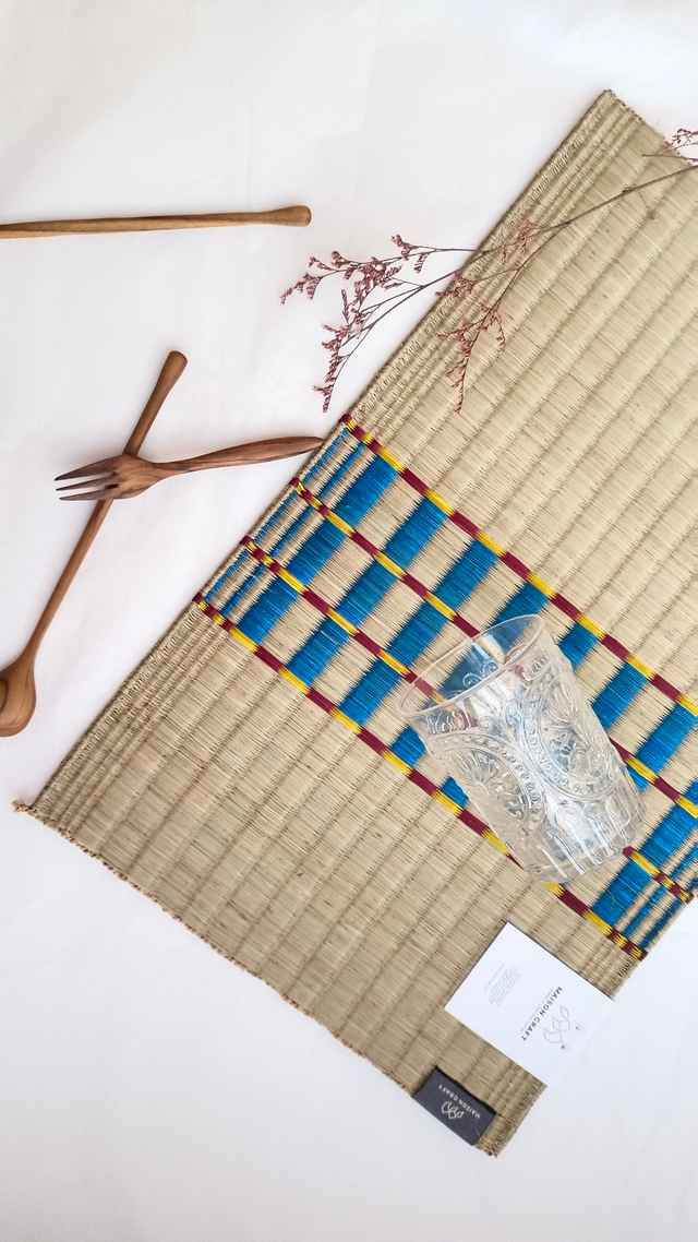 2 pieces eco friendly sedge jute khaomar placemat pastel blue red stripe