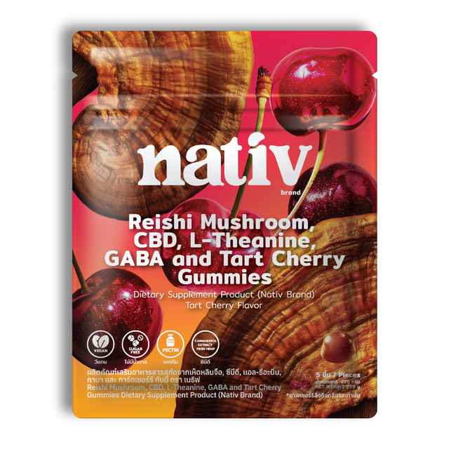 Nativ เห็ดหลินจือ, CBD, แอล-ธีอะนีน,  กาบา และทาร์ตเชอร์รี กัมมี่ - รสชาติ ทาร์ตเชอร์รี่