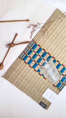 2 pieces eco friendly sedge jute khaomar placemat pastel blue red stripe